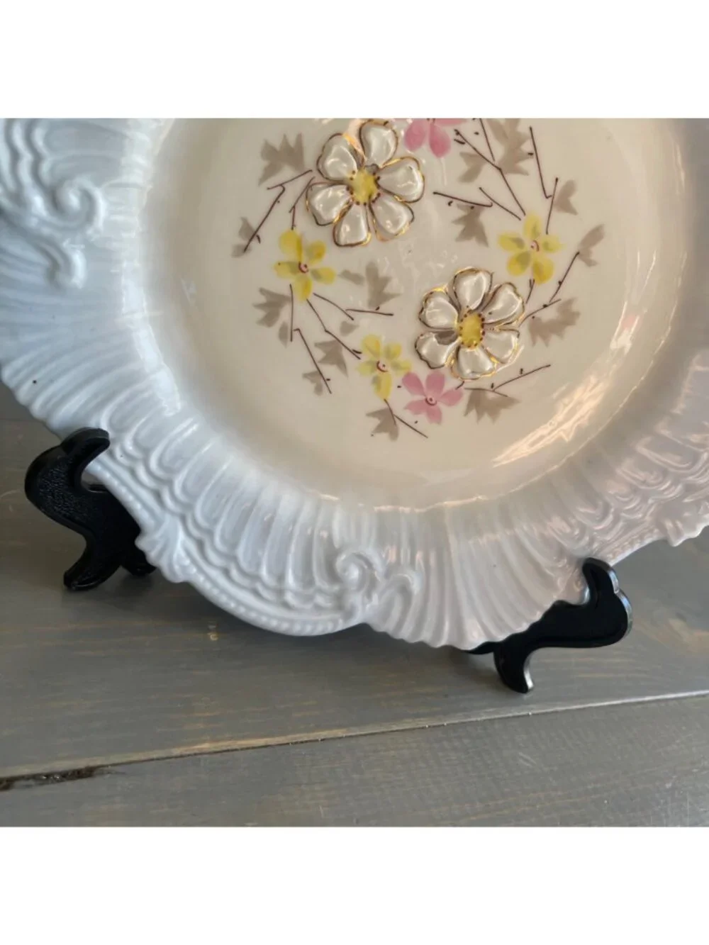 Vintage Decorative Porcelain Plate Blue Floral Center Scalloped Molded Edges